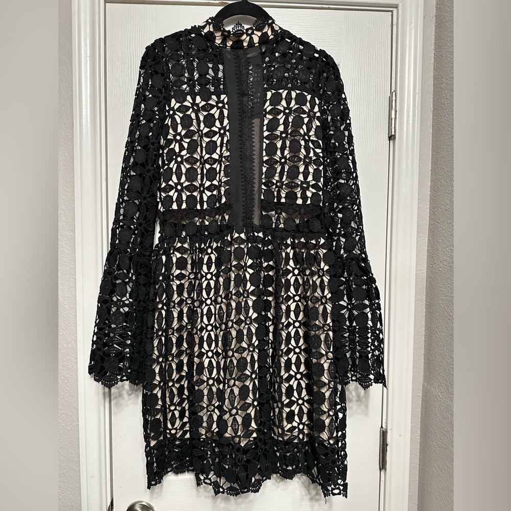 Lace Openwork Mock Neck Mini Dress - Picture 6 of 13
